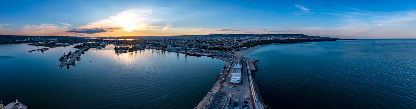 Amazing aerial panorama from city port and Varna city at sunset, Bulgaria.