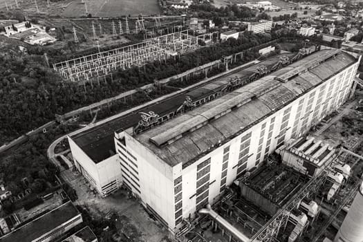 Aerial view from a drone of a thermal power plant. Black and white