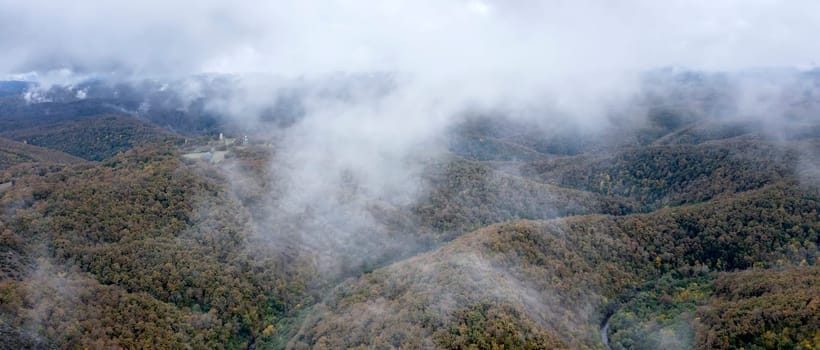 Fog after rain over autumn forest