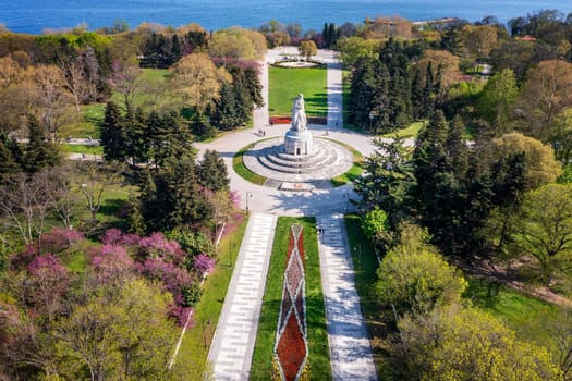 Aerial view of the decorated sea garden and The Pantheon of the Fallen of the Wars 