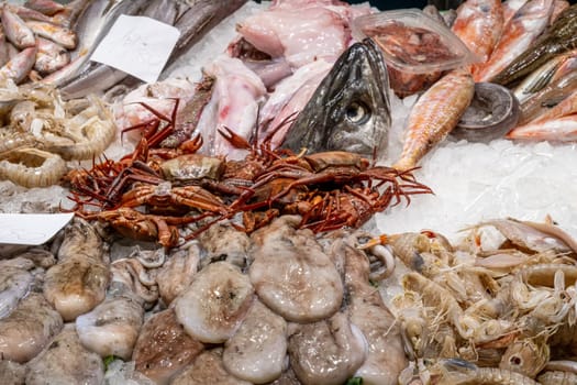 Fresh fish and seafood for sale at a market in Spain