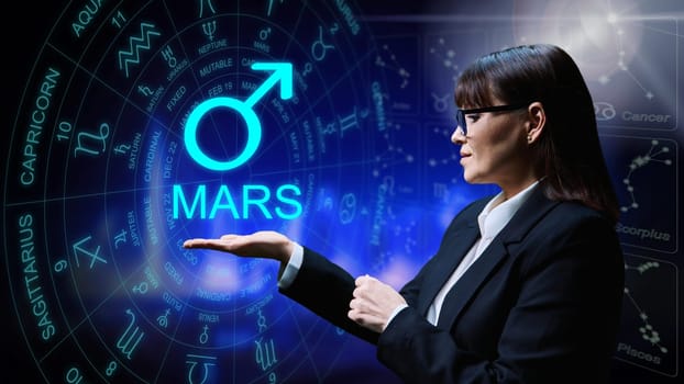 Astrological forecast, meaning, influence of planet Mars. Serious woman on starry background showing Mars sign symbol. Future forecast, astrology, horoscope, advice, universe, exoteric concept
