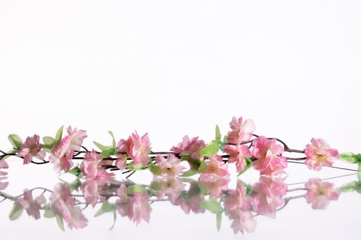 On a mirrored white surface lies an artificial branch with apple blossoms. Background with empty white space for independent composition.