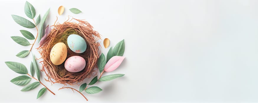 Easter poster and banner template with Easter eggs in the nest on white background with a copy of the place for the text.