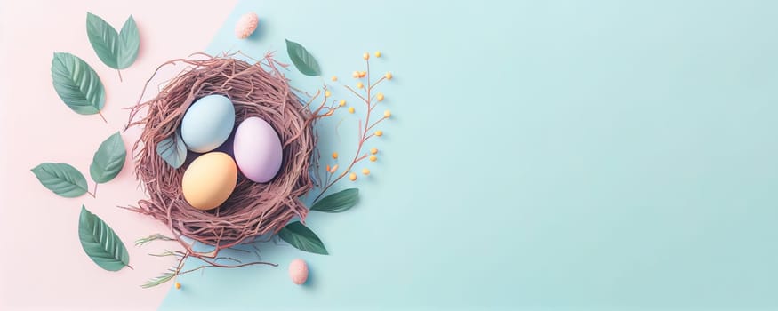 Easter poster and banner template with Easter eggs in the nest on pastel background with a copy of the place for the text.