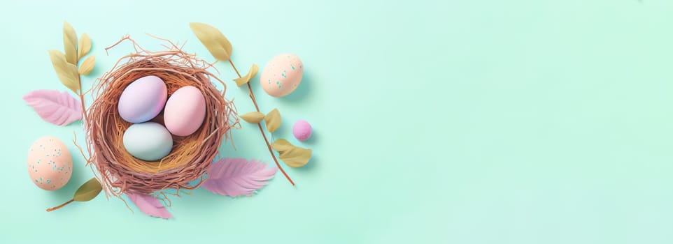 Easter poster and banner template with Easter eggs in the nest on pastel background with a copy of the place for the text.