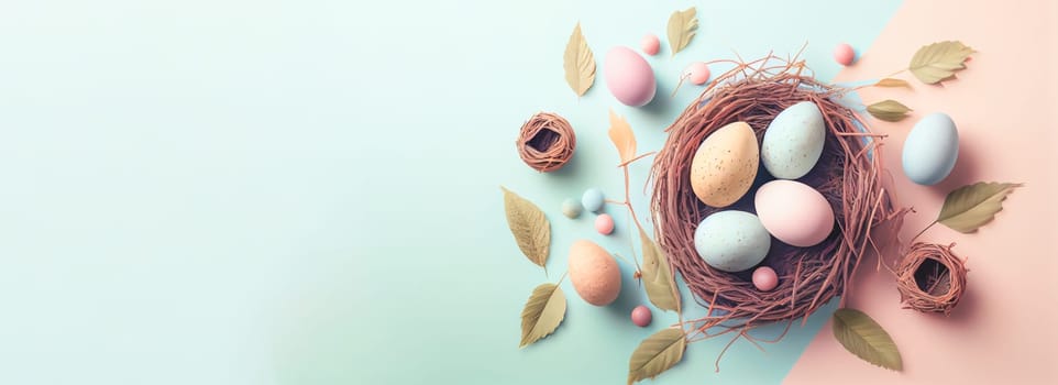 Easter poster and banner template with Easter eggs in the nest on pastel background with a copy of the place for the text.
