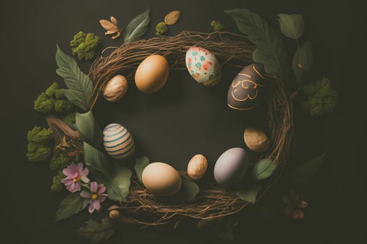 Easter poster and banner template with Easter eggs in the nest on dark background with a copy of the place for the text.