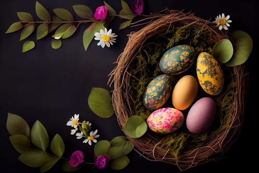 Easter poster and banner template with Easter eggs in the nest on dark background with a copy of the place for the text.