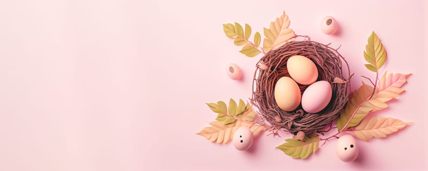 Easter poster and banner template with Easter eggs in the nest on light pink background with a copy of the place for the text.