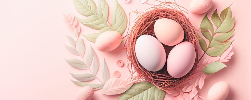 Easter poster and banner template with Easter eggs in the nest on light pink background with a copy of the place for the text.