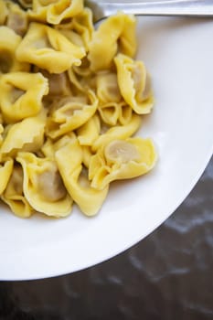 Homemade Italian food ravioli stuffed with spicy meat, close-up, sliced on a plate