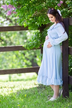 a pretty pregnant girl with long hair, in a light blue dress stands at the fence, in a lilac garden, on a sunny day. Vertical.Close up. copy space