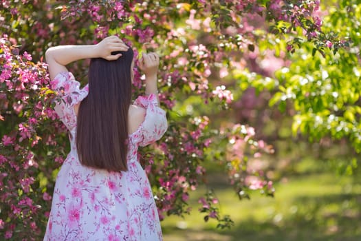 A pretty girl with long hair, in a light pink dress standing near pink blooming garden, in the garden. Rear view. Close up. Copy space