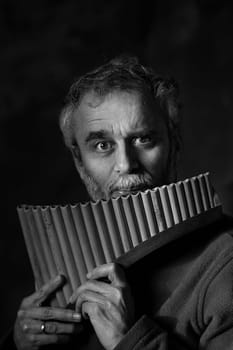 Portrait of a young man with long dark hair and beard in a Russian national shirt with a pan flute in his hands on a light background. High quality photo