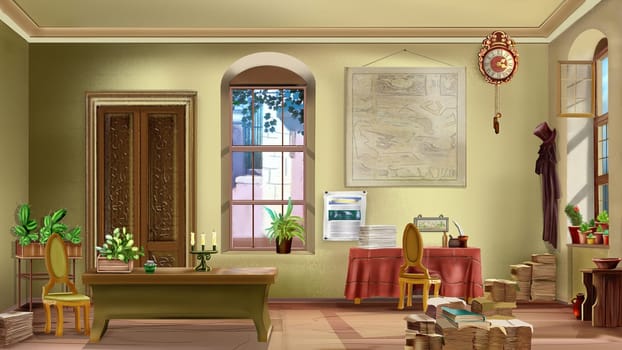 Living room interior in retro style. Digital Painting Background, Illustration.
