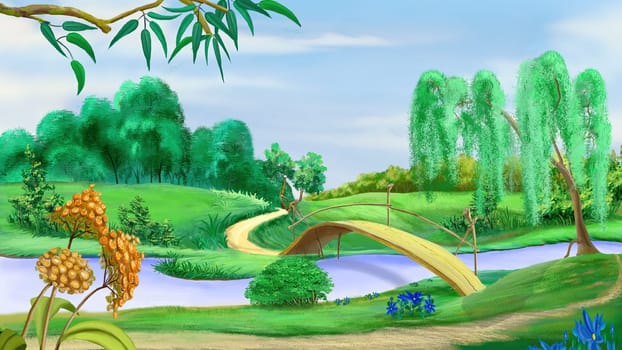 Wooden bridge across the river on a sunny summer day. Digital Painting Background, Illustration.