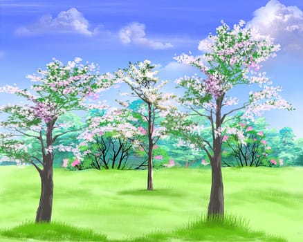 Blooming fruit trees in the garden on a sunny spring day. Digital Painting Background, Illustration.