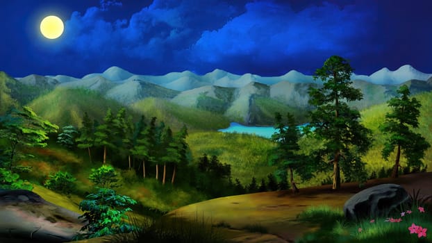 Moonlit summer night in a forest. Digital Painting Background, Illustration.