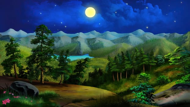 Lake in the forest on a summer night. Digital Painting Background, Illustration.