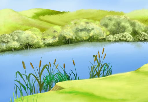 Reeds by the river on a sunny spring day. Digital Painting Background, Illustration.