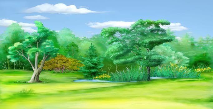 Small pond in a forest clearing on a summer day. Digital Painting Background, Illustration.