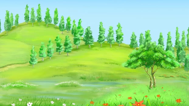 Trees on the green hill on a summer day. Digital Painting Background, Illustration.