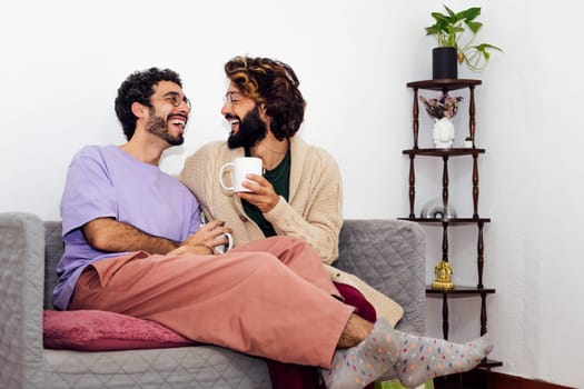 gay male couple laughing relaxed on the couch at home, concept of real people lifestyle at home, copy space for text