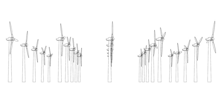 Wind turbines on white. 3d illustration. Wire-frame style