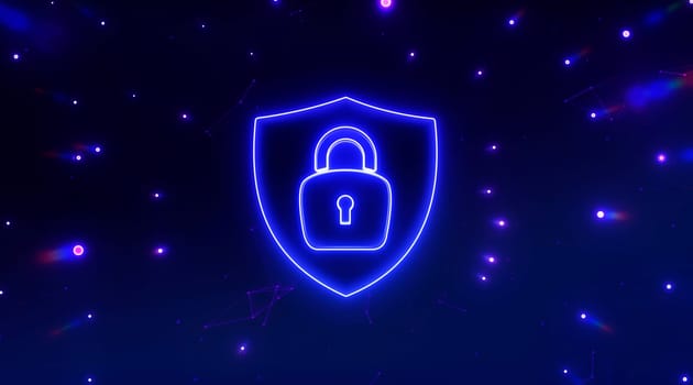 Neon locked padlock. Concept of data protection, cybersecurity technology. 3d illustration.