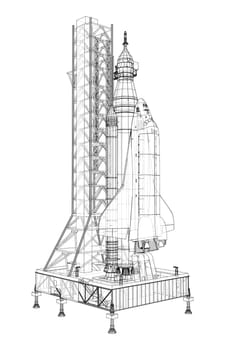 Space Rocket on launch pad. 3d illustration. Wire-frame style. Elements of this image furnished by NASA