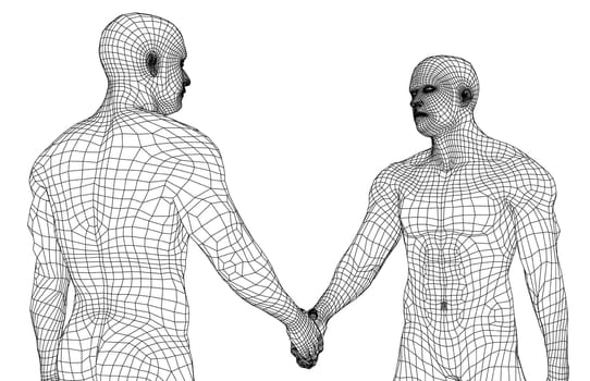Two men shaking hands. 3d illustration. Wire-frame style. The concept of friendship, partnership and cooperation