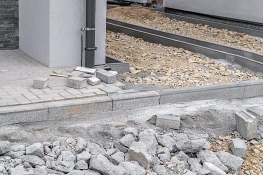 castle paving for the construction of a sidewalk. High quality photo