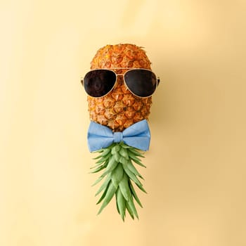 Playful pineapple in sunglasses and bow tie. Minimal concept of tropical fruits of summer and fashion. High quality photo