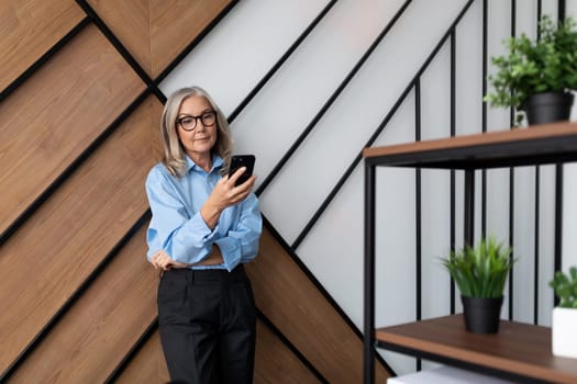 mature adult female accountant with gray hair in office.