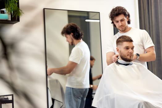 handsome young man visiting professional hairstylist in barber shop