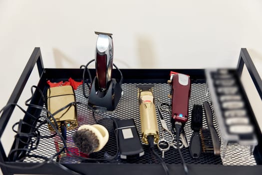 different shaving accessories and tools of barber shop