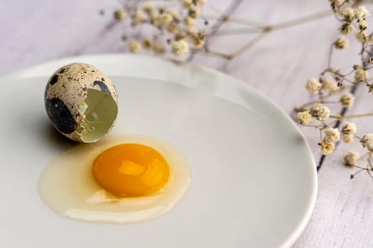 Fresh broken quail egg, yolk and white on a white plate. Bright festive background. Close-up. Healthy eating