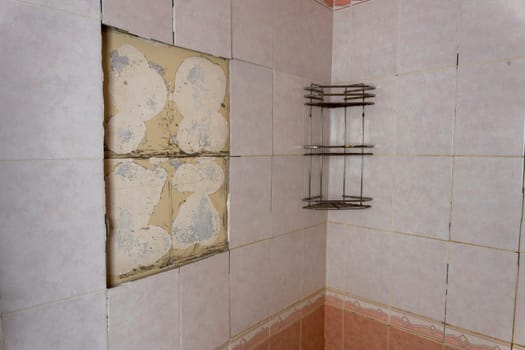 an old dirty shabby bathroom with fallen tiles.an old shelf. a piece of peeling wall. repair. a scratched bathtub. removal