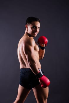 Boxing gloves, man training in a sports fight, challenge or mma competition on studio background.