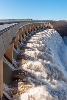 The Gariep Dam overflowing. The dam is the largest in South Africa. It is in the Orange River on the border between the Free State and Eastern Cape Provinces