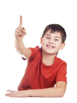 Portrait of a boy raising his arms against a white background