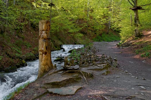 Pagan stones near stream of water in the mountain forest. Shipot waterfall in Carpathian mountains. Ukraine.