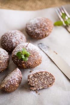 chocolate sweet cakes made from pureed cookies with additives, on baking paper.