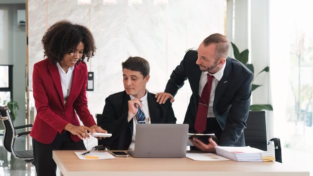 Business team Diverse colleagues gather brainstorm discuss financial statistics at office meeting. finance, teamwork ,data Graphs Charts concept.