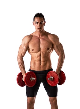 Muscular sexy shirtless young man exercising biceps with dumbbells, isolated on white
