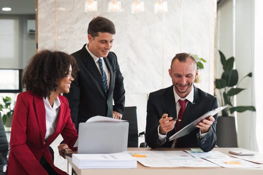 Diverse business team discussing project at corporate briefing in boardroom. colleagues meeting for brainstorming, sharing ideas, together. Teamwork concept.
