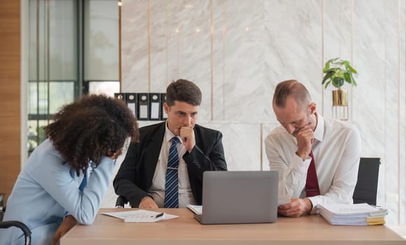 Stressed overwhelmed businesspeople feels tired at corporate meeting, exhausted businesspeople suffering from headache touching temples at team briefing, stress at meeting room.