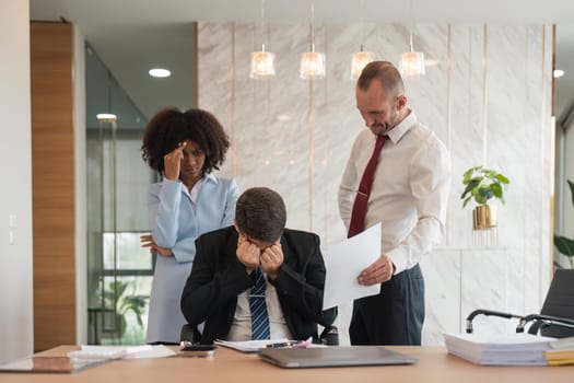 Stressed overwhelmed businesspeople feels tired at corporate meeting, exhausted businesspeople suffering from headache touching temples at team briefing, stress at meeting room.