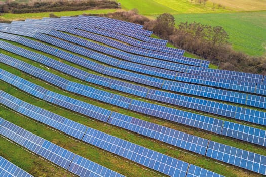 Module of a large photovoltaic system on an open space of a solar park in rural Germany